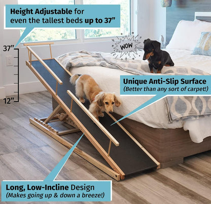 Dog Ramp for Beds - Adjustable up to 37" High Beds with Low Incline, Safety Rails & Anti-Slip Grip, for Small Dogs up to 50lbs - Solid Hardwood, Made in North America