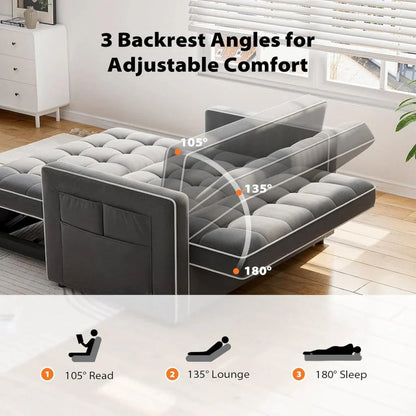 Pipishell 3 in 1 Convertible Sleeper Sofa Bed,Pull Out Couch for Living Room with USB Ports & Side Pockets,Adjustable Backrest,Velvet,Loveseat Sofa Bed,Futon Couches,Black