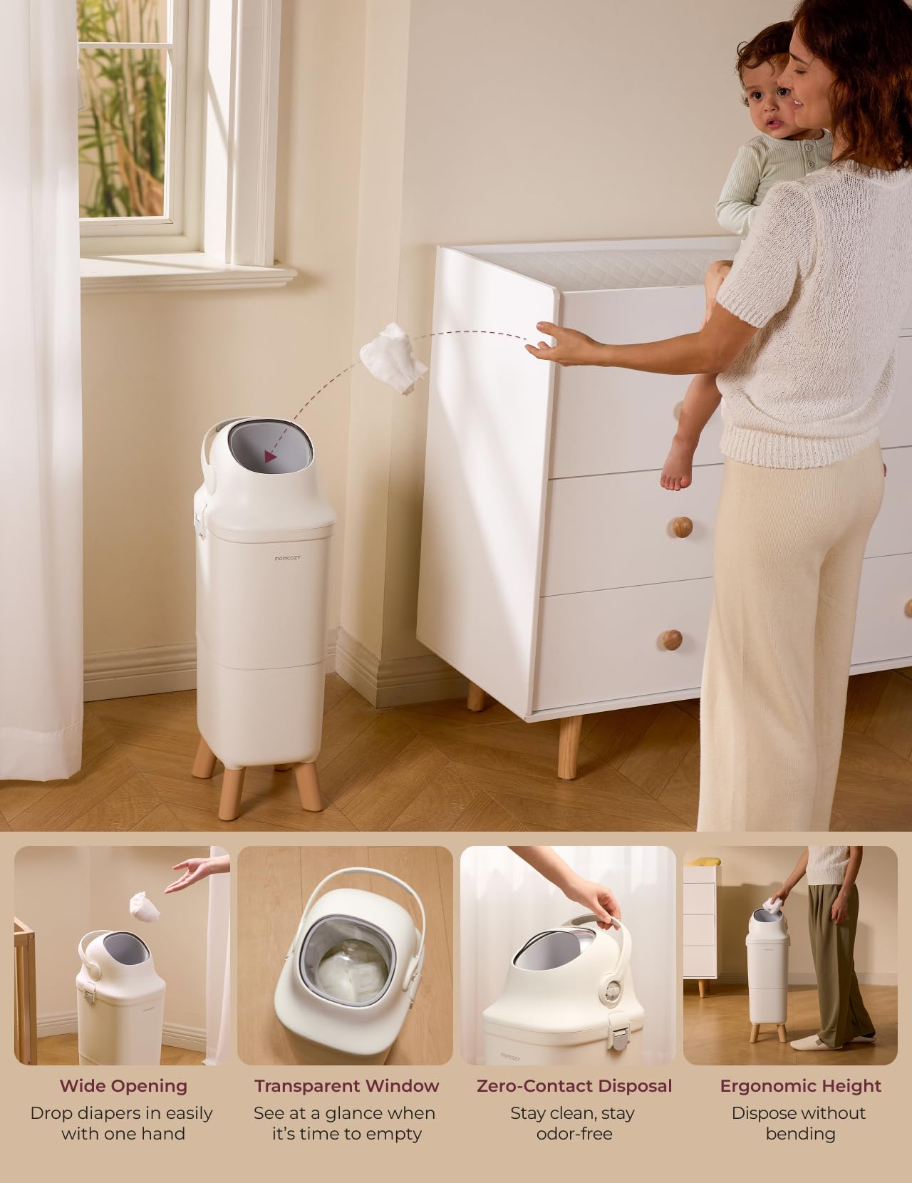 MOMCOZY Diaper Pail with Triple-Seal Odor Control & Large Capacity