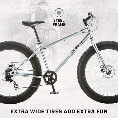 Mongoose Malus Mens and Women Fat Tire Mountain Bike, 26-Inch Bicycle Wheels, 4-Inch Wide Knobby Tires, Steel Frame, 7 Speed Drivetrain, Shimano Rear Derailleur, Disc Brakes