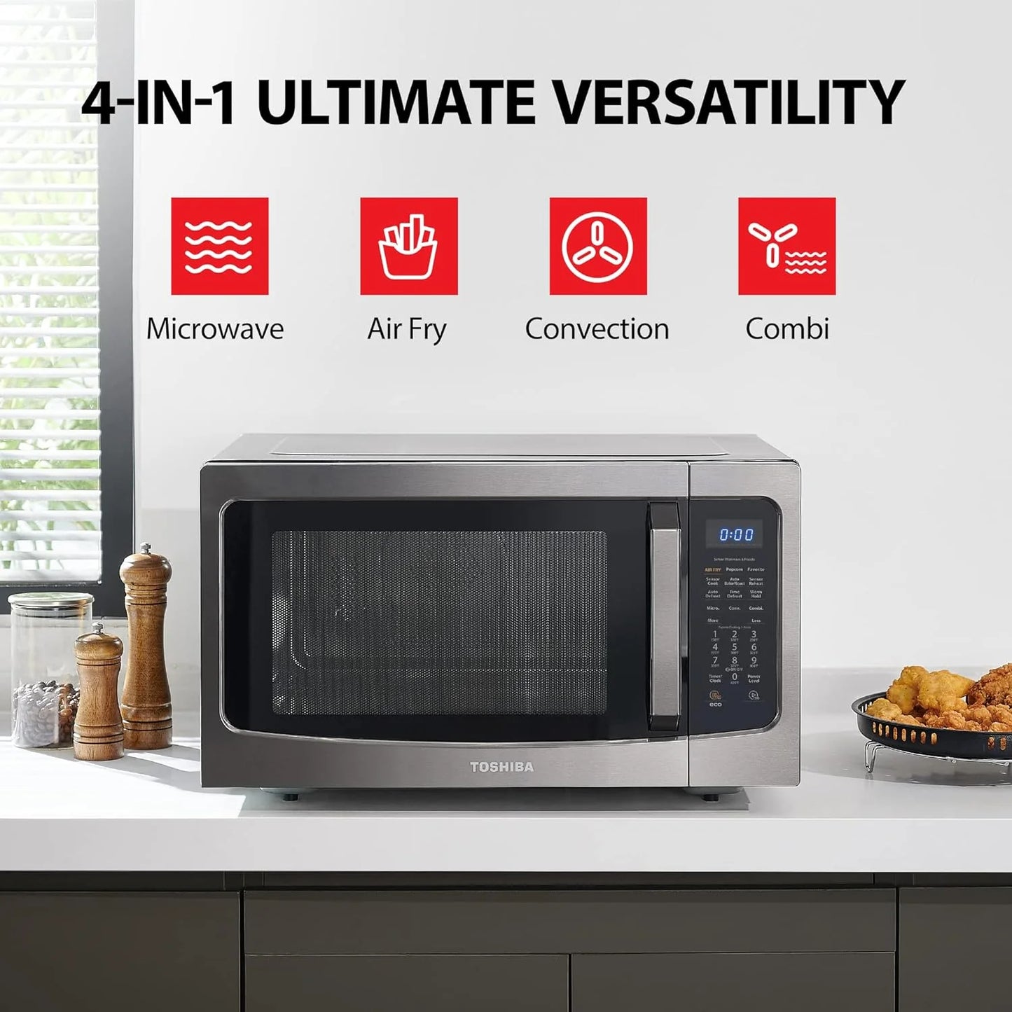 TOSHIBA 4-in-1 ML-EC42P(SS) Countertop Microwave Oven, Smart Sensor, Convection, Air Fryer Combo, Mute Function, Position Memory 13.6" Turntable, 1.5 Cu Ft, 1000W, Silver