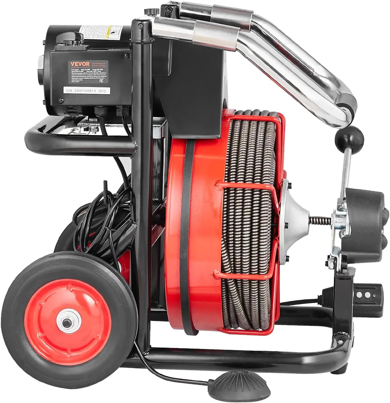 VEVOR Drain Cleaner Machine 100FT x 1/2 Inch, Auto Feed Sewer Snake Auger on Wheels, 550W Portable Drain Cleaning Machine with 8 Cutters & Air-activated Foot Switch for 2" to 4" Pipes