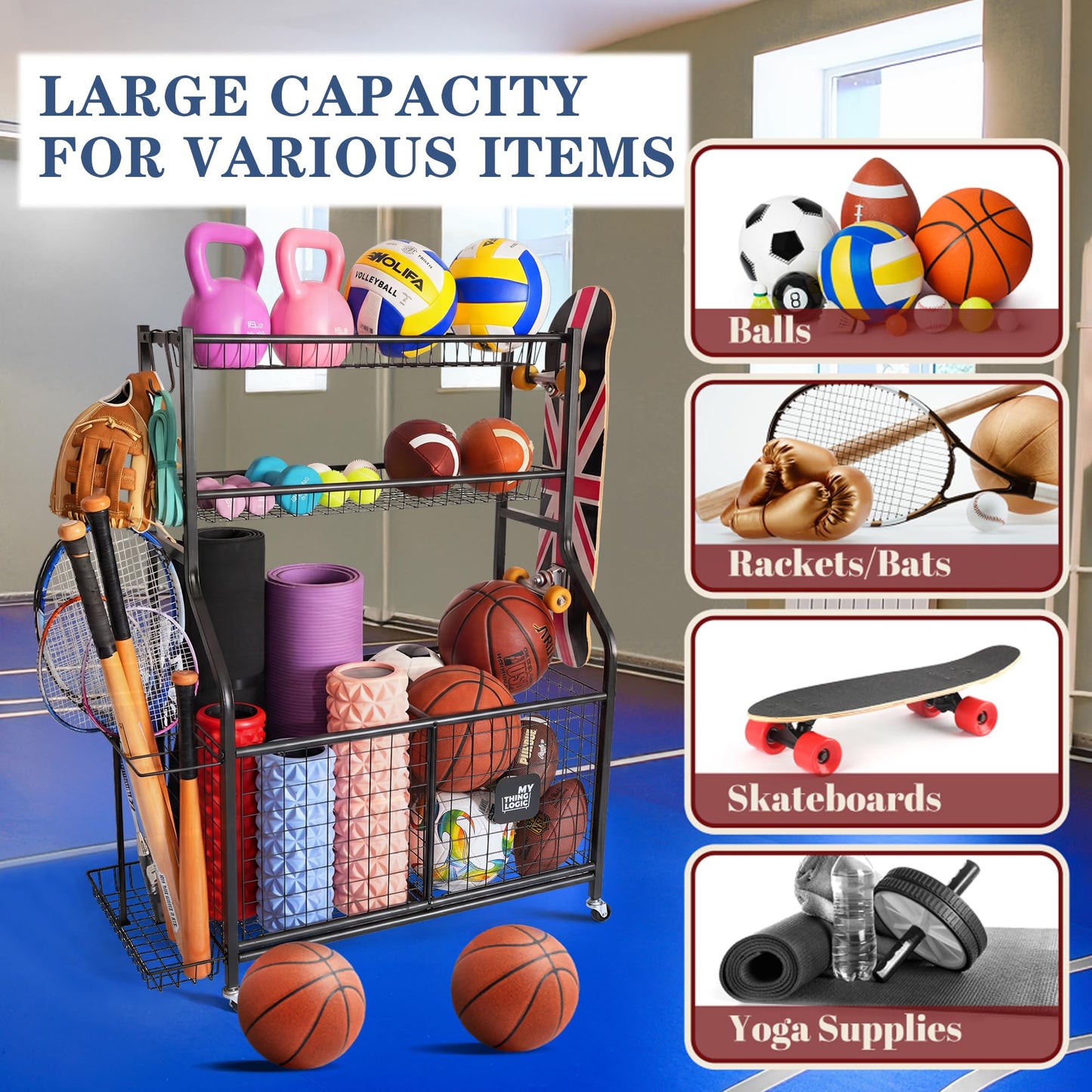 MYTHINGLOGIC Garage Ball Storage Organizer for Sports Equipment