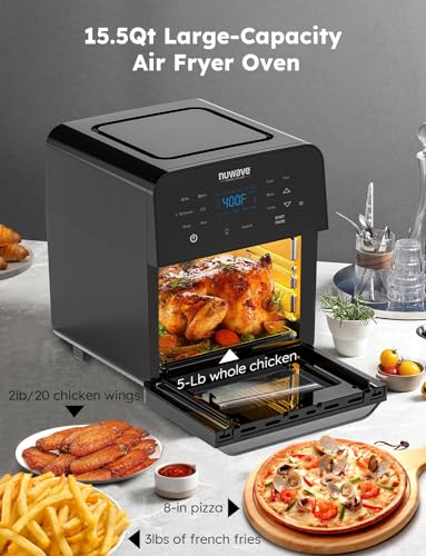 Nuwave Brio Air Fryer Oven, 15.5Qt X Large Family Size, SS Rotisserie Basket &Skewer Kit, Reversible Ultra Non Stick Grill/Griddle Plate, Powerful 1800W, Integrated Smart Thermometer,Black : Home & Kitchen