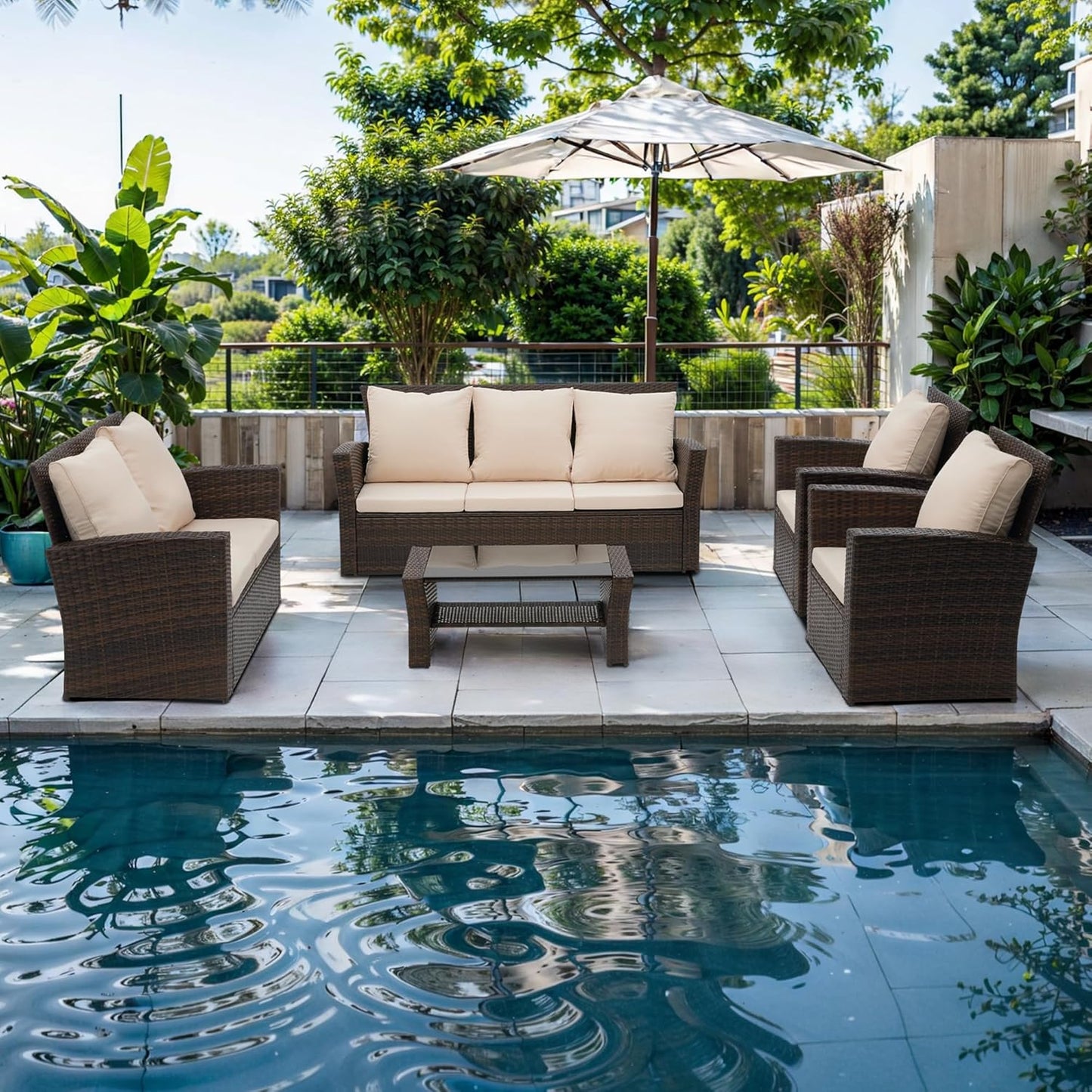 Wisteria Lane 4 Piece Outdoor Patio Furniture Sets, Wicker Conversation Set for Porch Deck, Grey Rattan Sofa Chair with Cushion Blue