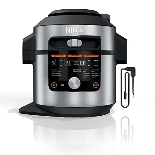 Ninja OL701 Foodi 14 in 1 SMART XL 8 Qt. Pressure Cooker Steam Fryer with SmartLid & Thermometer Auto Steam Release, that Air Fries, Proofs & More, 3 Layer Capacity, 5 Qt. Crisp Basket, Silver/Black