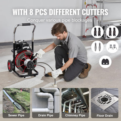VEVOR Drain Cleaner Machine 100FT x 1/2 Inch, Auto Feed Sewer Snake Auger on Wheels, 550W Portable Drain Cleaning Machine with 8 Cutters & Air-activated Foot Switch for 2" to 4" Pipes