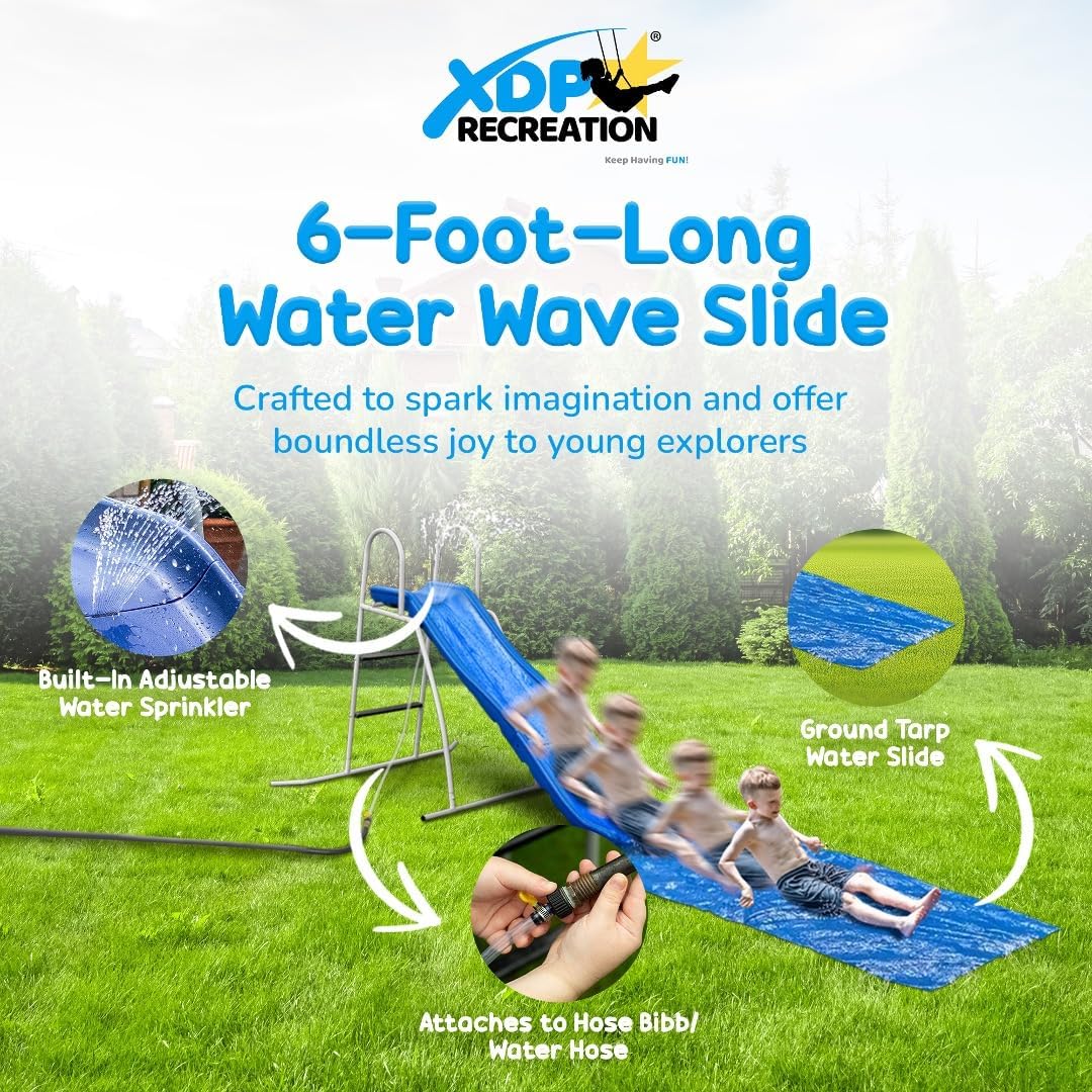 XDP Recreation 6 Foot Water Wave Slide with Built In Adjustable Sprinkler, Freestanding with Ground Pad and Hose Extension for Lawn Fun, Ages 3 to 8