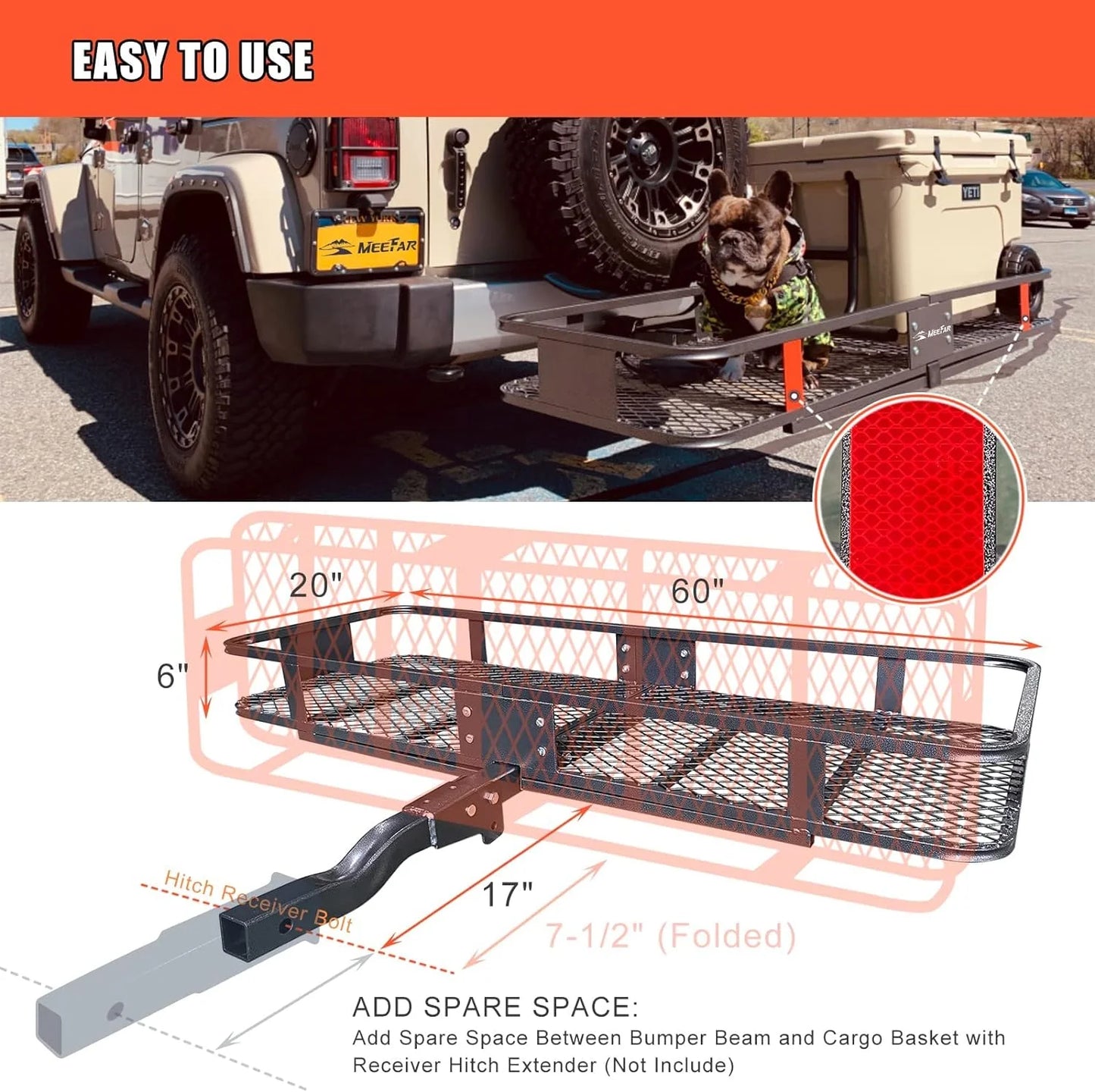 Folding hitch mounted cargo basket 60" With hook stabilizer, net and straps