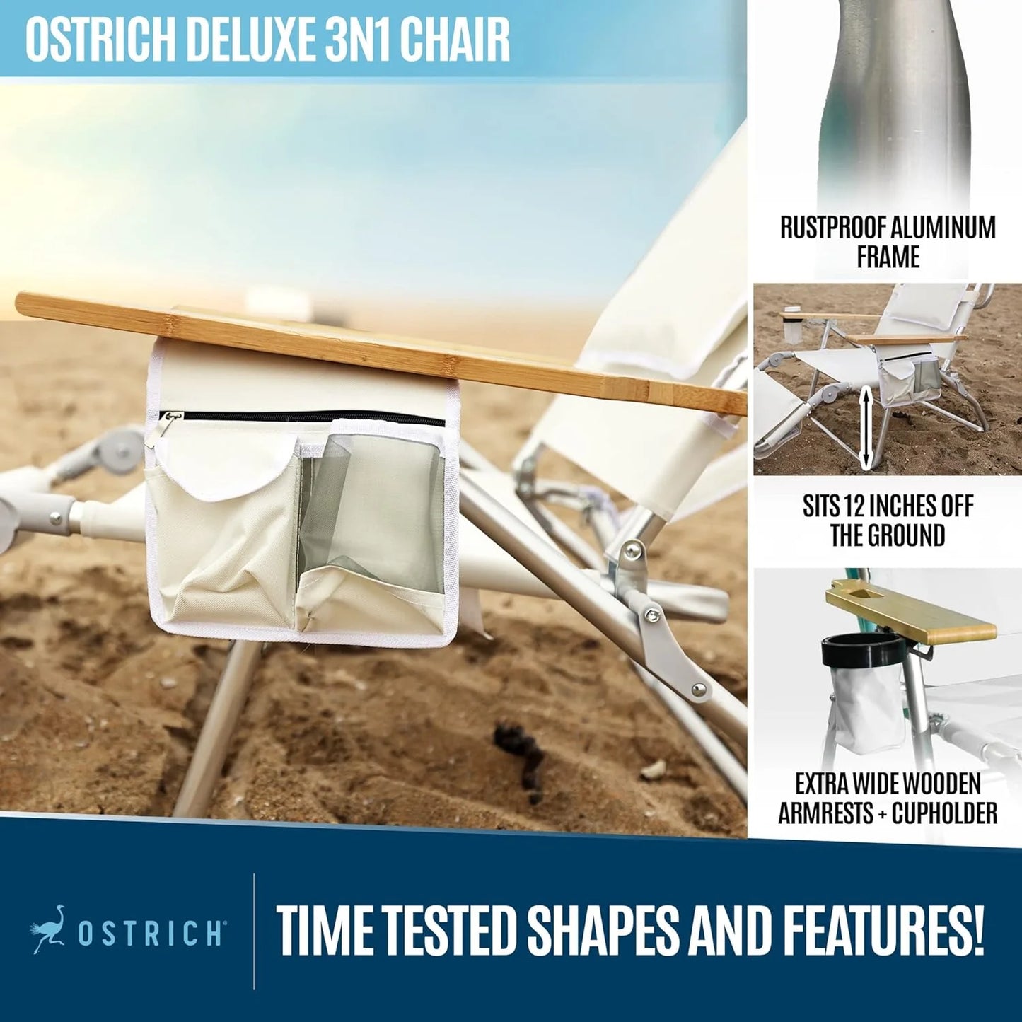 Deluxe 3 in 1 Beach Chair with Face Opening - Portable, Reclining Lounger for Tanning - Face Hole for Reading on Stomach - Padded Footrest, Removable Pillow - Aluminum