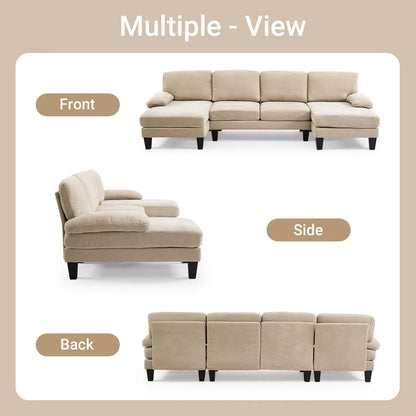 VINGLI 110" Sectional Couches for Living Room,U Shaped Couch with Double Chaise, 4-Seat Sofa Set with Chenille Fabric for Home Furniture,Beige