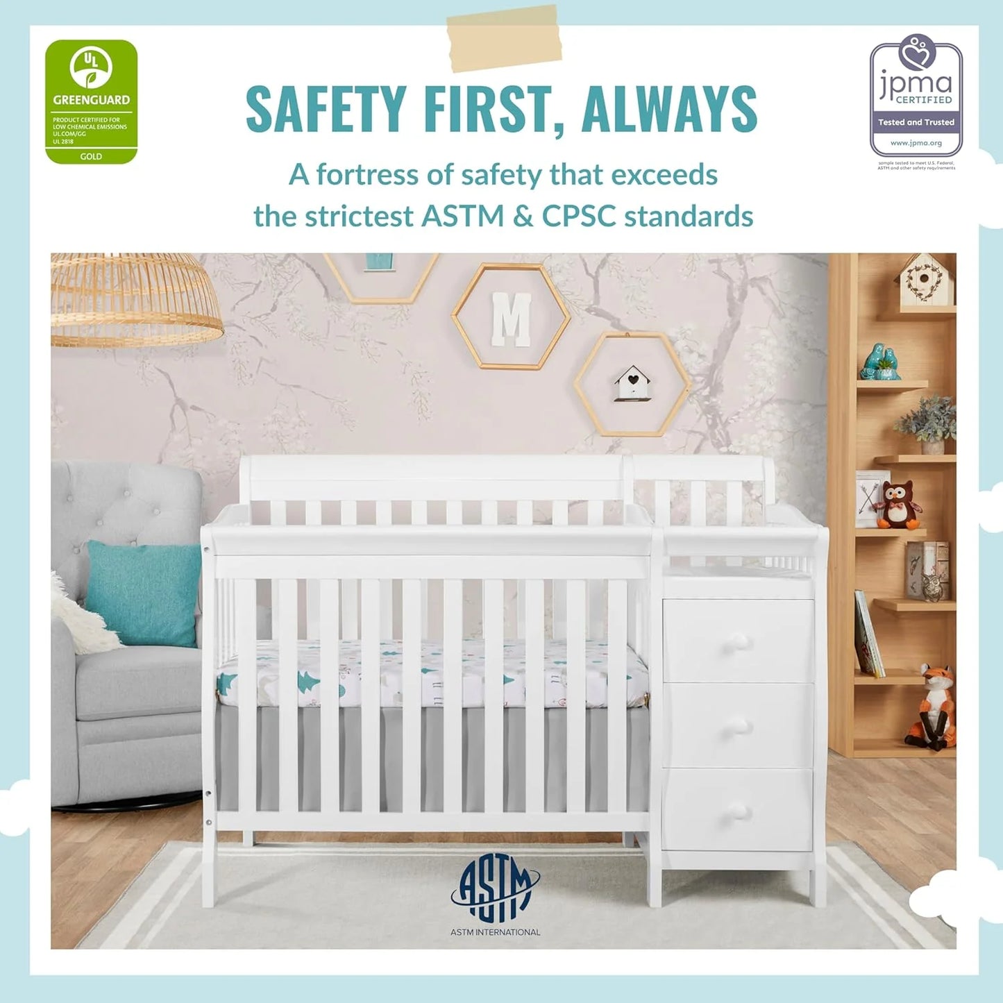 Dream On Me Jayden 4-in-1 Mini Crib & Changer with Storage, White