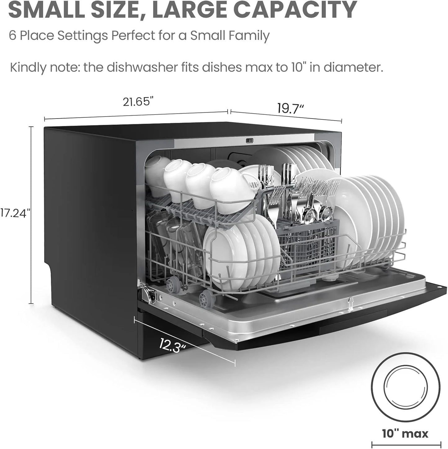 Countertop Dishwasher, Energy Star Portable Dishwasher, 6 Place Settings & 8 Washing Programs, Speed, Baby-Care, ECO& Glass, Dish Washer for Dorm, RV& Apartment, Black