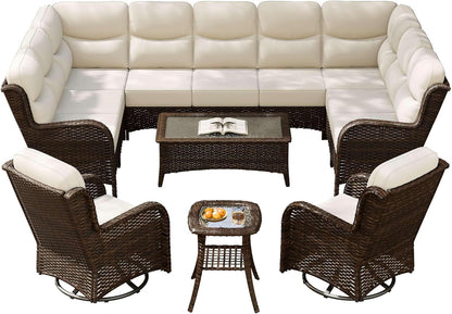 Outdoor Swivel Rocker Patio Chairs with 6-Inch Thick Cushions and Side Table, 3PCS High Back Wicker Patio Furniture Set for Porch, Balcony, Deck and Yard in Blue