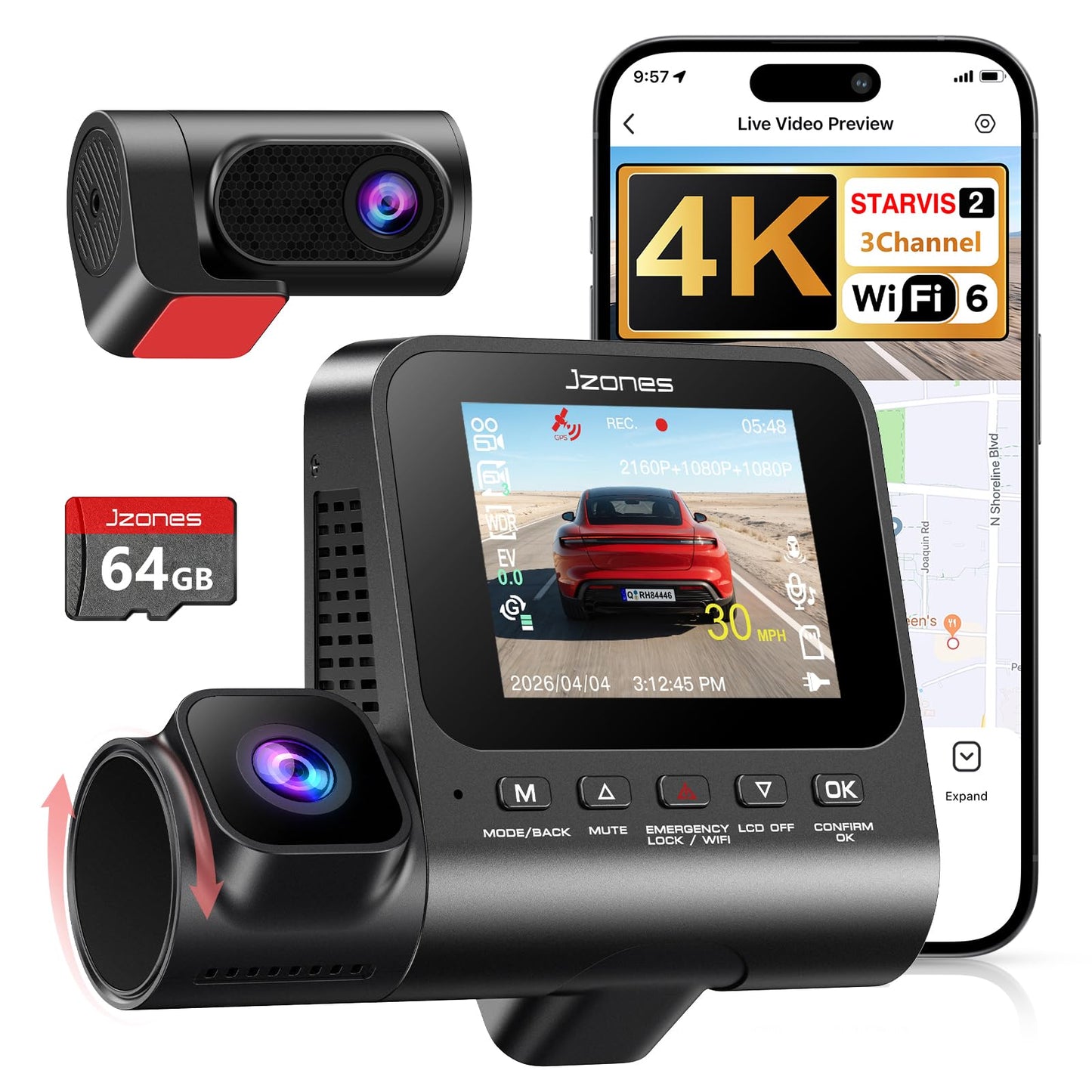 JZONES 3 Channel 4K Dash Cam with HDR Night Vision