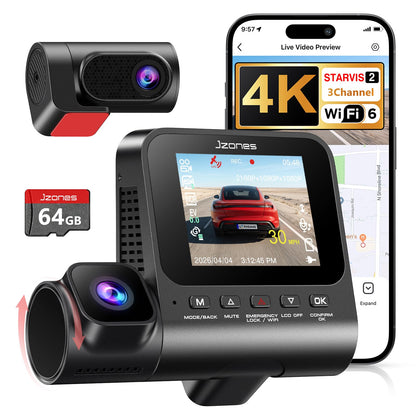 JZONES 3 Channel 4K Dash Cam with HDR Night Vision