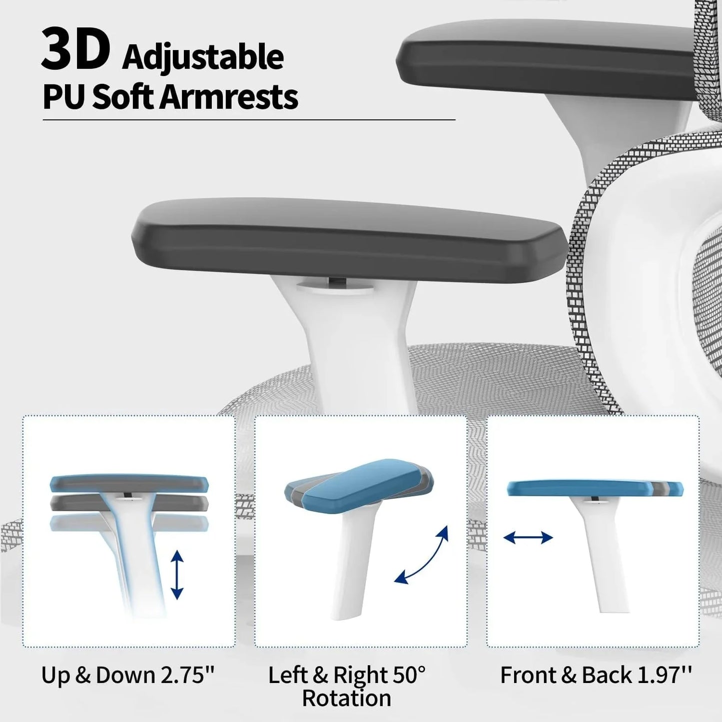 Ergo3D Ergonomic Office Chair High Back Mesh Desk Chair with 3D Adjustable Armrests, Wheels, for Home and Office (Black)