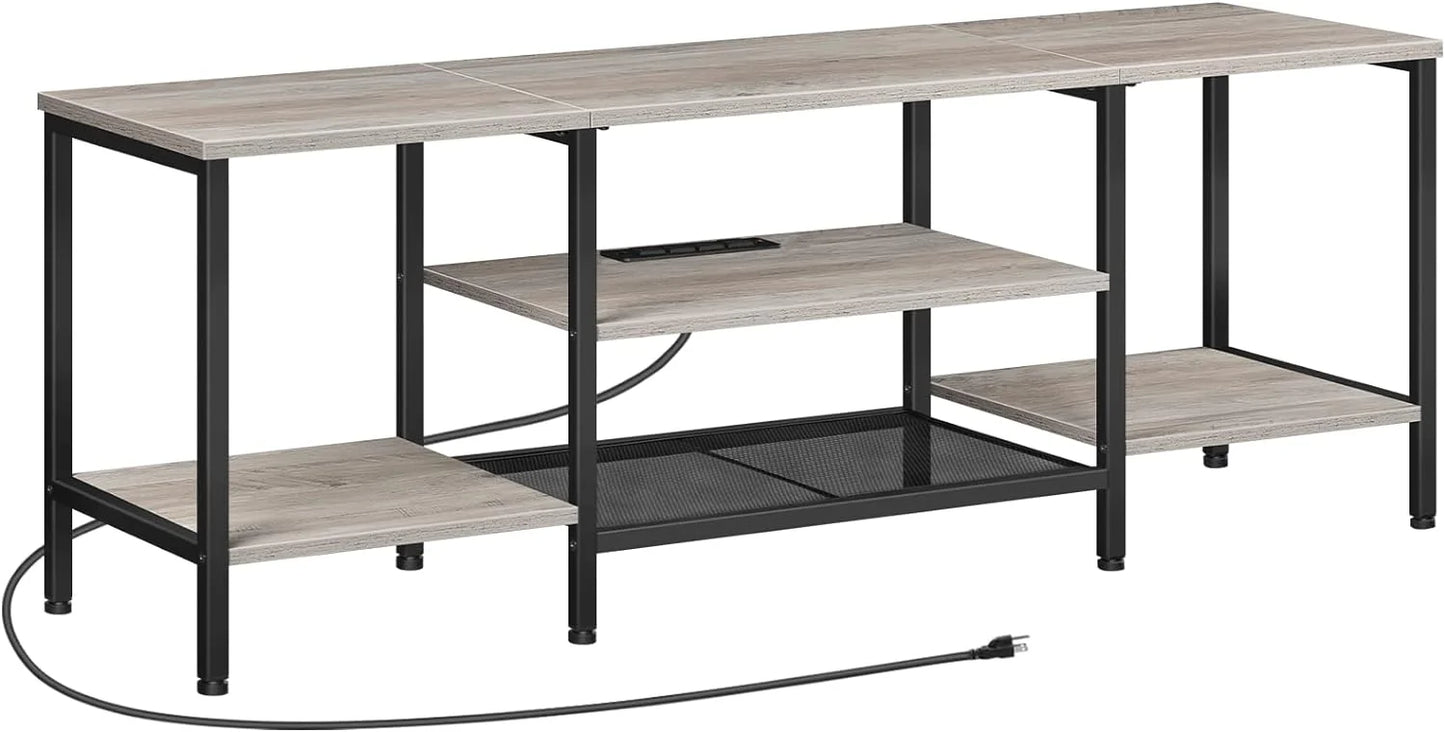 TV Stand with Power Outlets to 75 Inches, TV Console Table with Open Storage Shelves Cabinet, Industrial Media Entertainment Center for Living Room Bedroom, Rustic Brown and Black BF60DS01