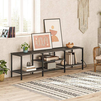 TV Stand with Power Outlets to 75 Inches, TV Console Table with Open Storage Shelves Cabinet, Industrial Media Entertainment Center for Living Room Bedroom, Rustic Brown and Black BF60DS01