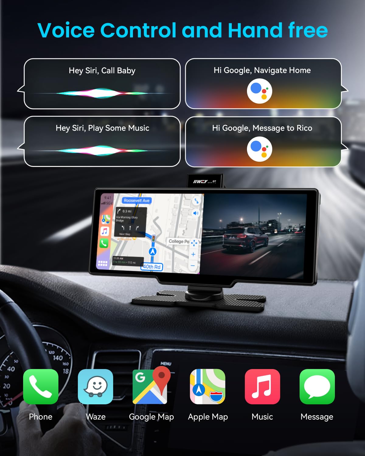 IIWEY Portable Apple Carplay Screen 10'' Car Stereo 4K Dash Cam