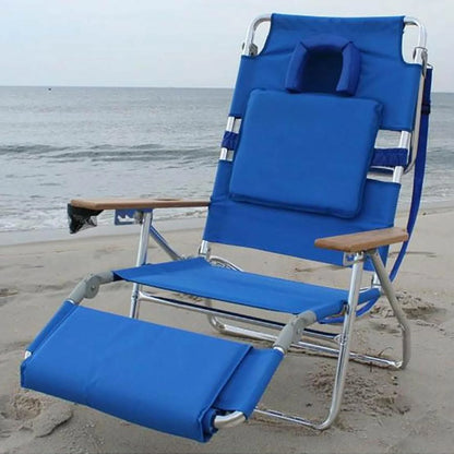Deluxe 3 in 1 Beach Chair with Face Opening - Portable, Reclining Lounger for Tanning - Face Hole for Reading on Stomach - Padded Footrest, Removable Pillow - Aluminum
