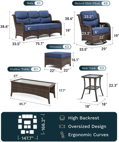 Outdoor Swivel Rocker Patio Chairs with 6-Inch Thick Cushions and Side Table, 3PCS High Back Wicker Patio Furniture Set for Porch, Balcony, Deck and Yard in Blue