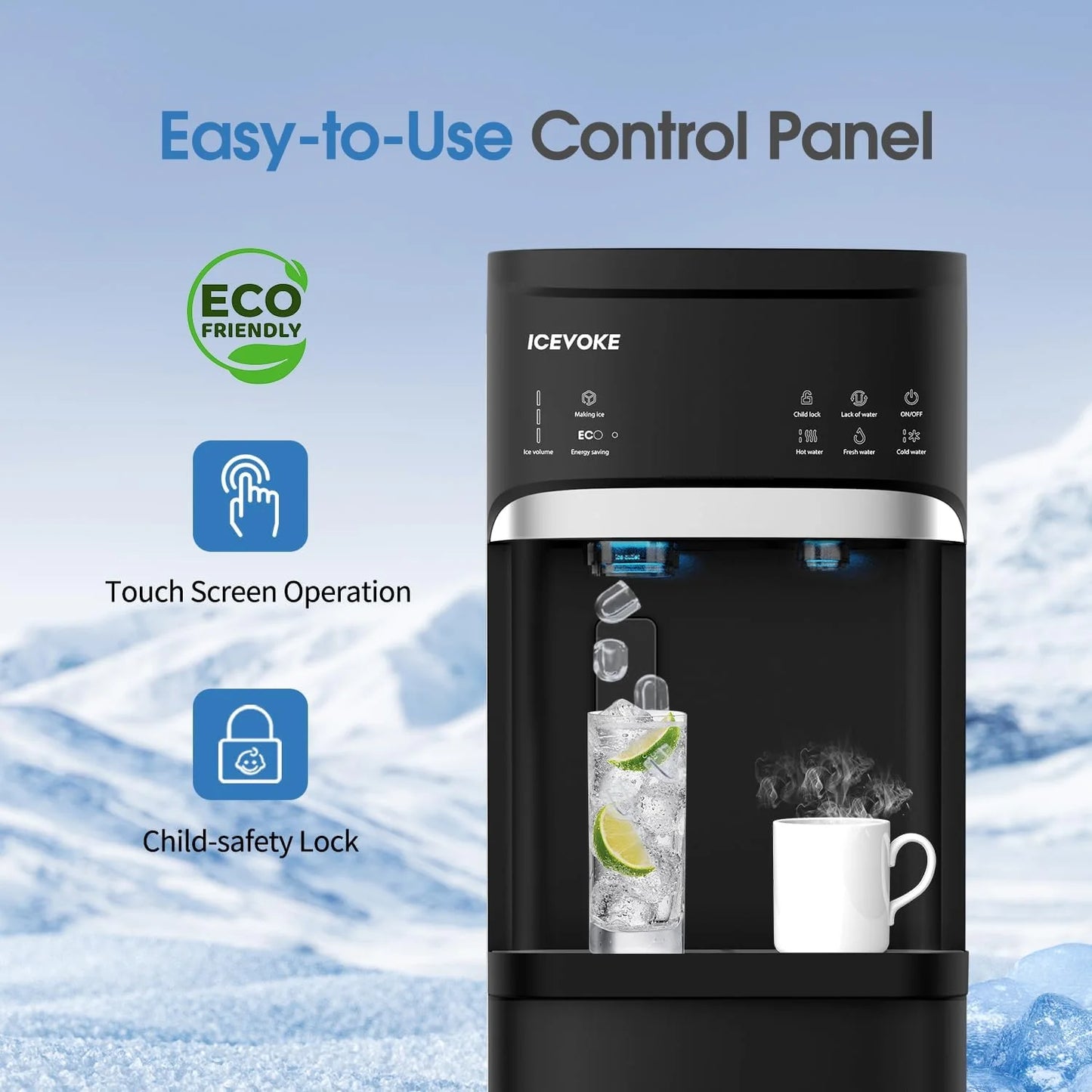 Self-Cleaning Water Dispenser with Ice Maker, Bottom Load, Black