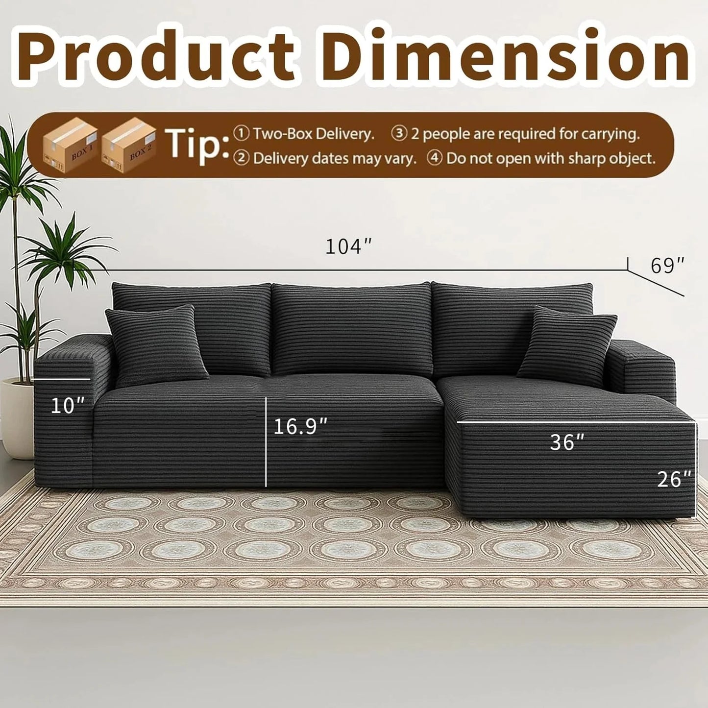 Cloud Sectional Couch with L-Shape Chaise Modern Modular Sofa with Deep Seat Modern Comfy Furniture Bedroom Lounge Dorm Office Apartment Home (Black, Left Facing Chaise)