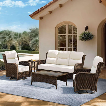 Outdoor Swivel Rocker Patio Chairs with 6-Inch Thick Cushions and Side Table, 3PCS High Back Wicker Patio Furniture Set for Porch, Balcony, Deck and Yard in Blue