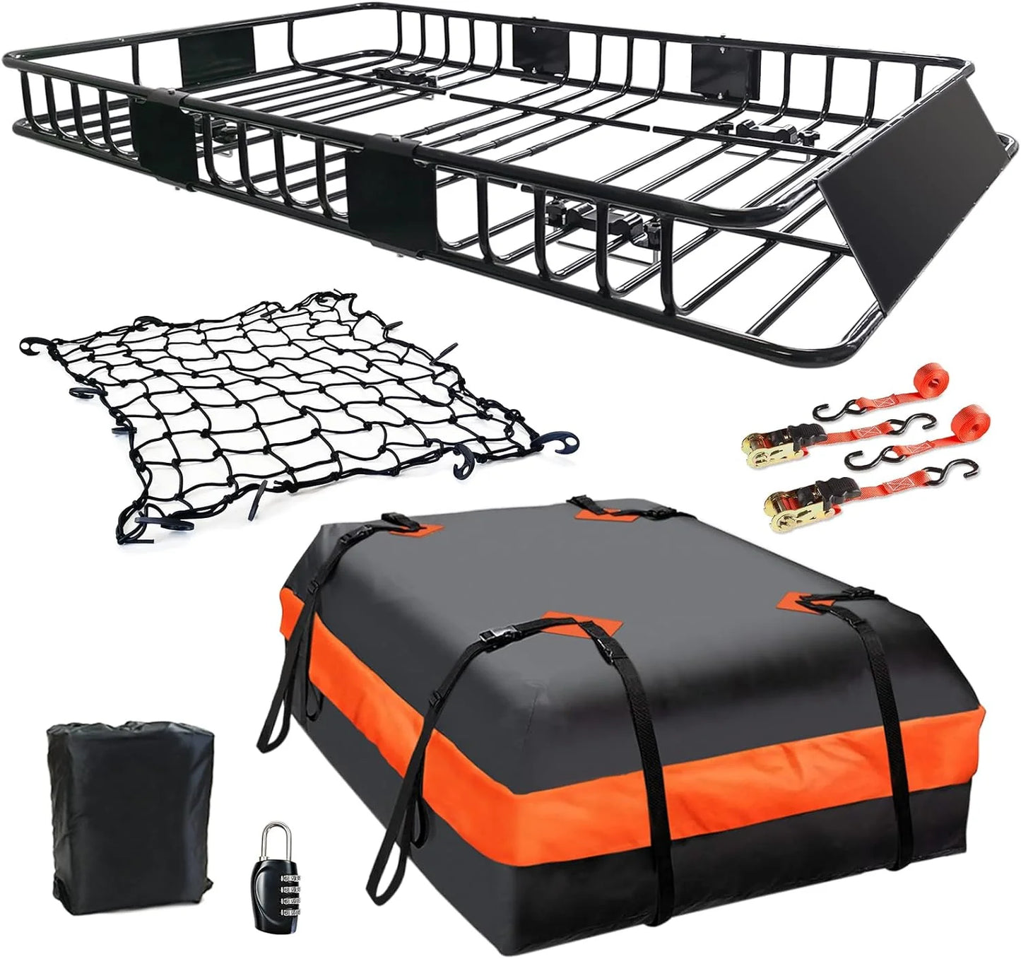 Folding hitch mounted cargo basket 60" With hook stabilizer, net and straps